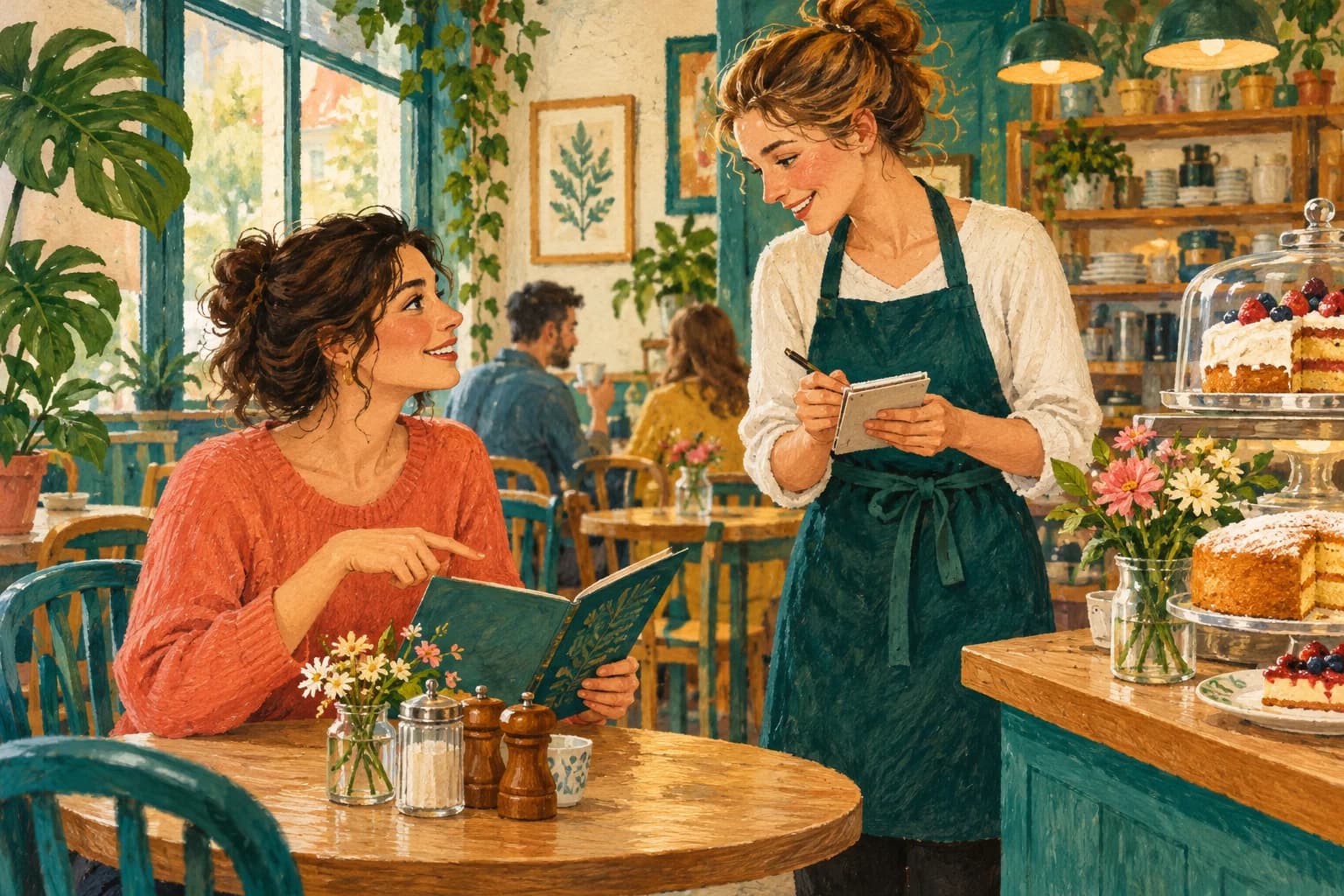A customer orders tea and cake from a server at a small friendly café.