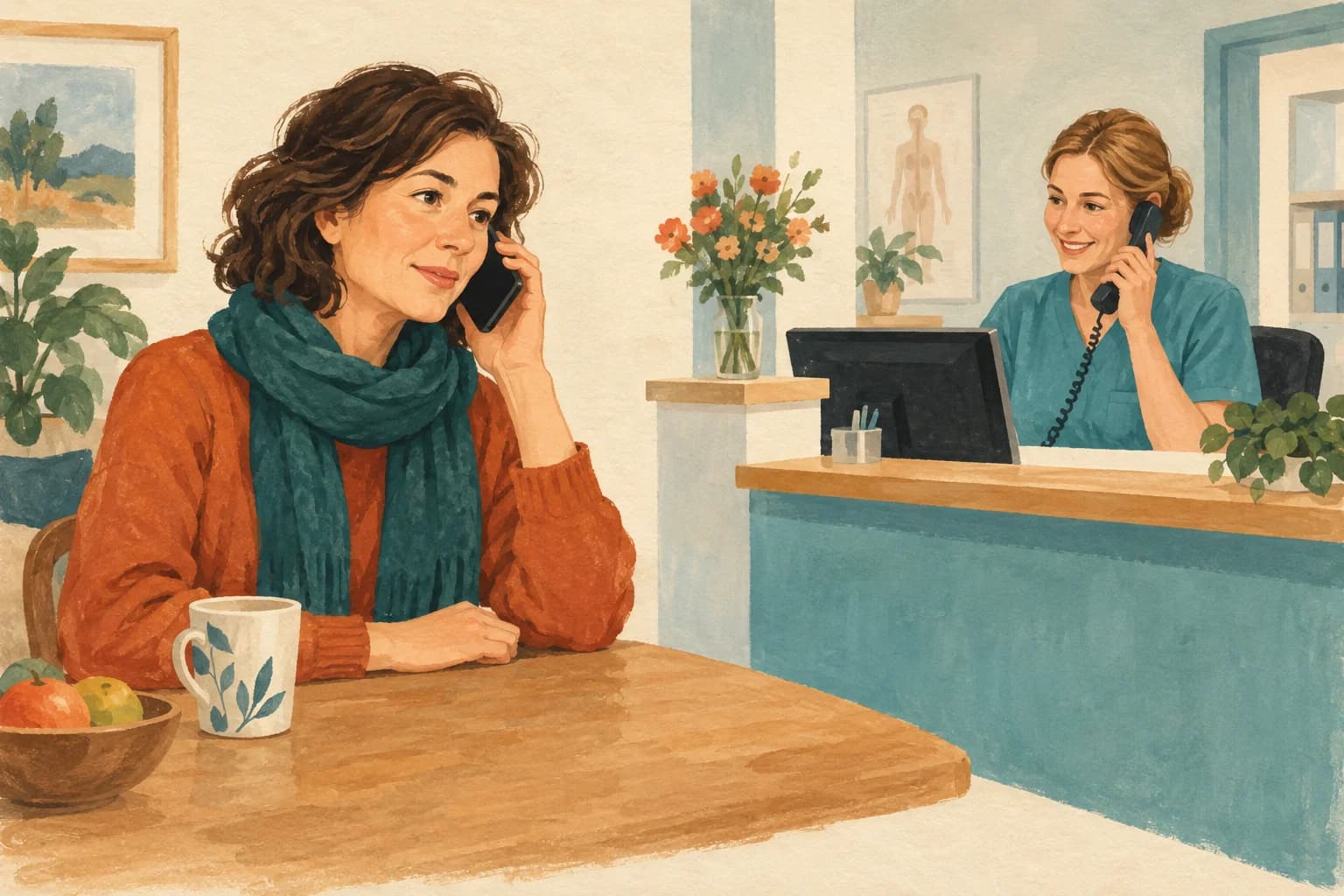 An adult with a scarf phones a medical reception desk to arrange an appointment.