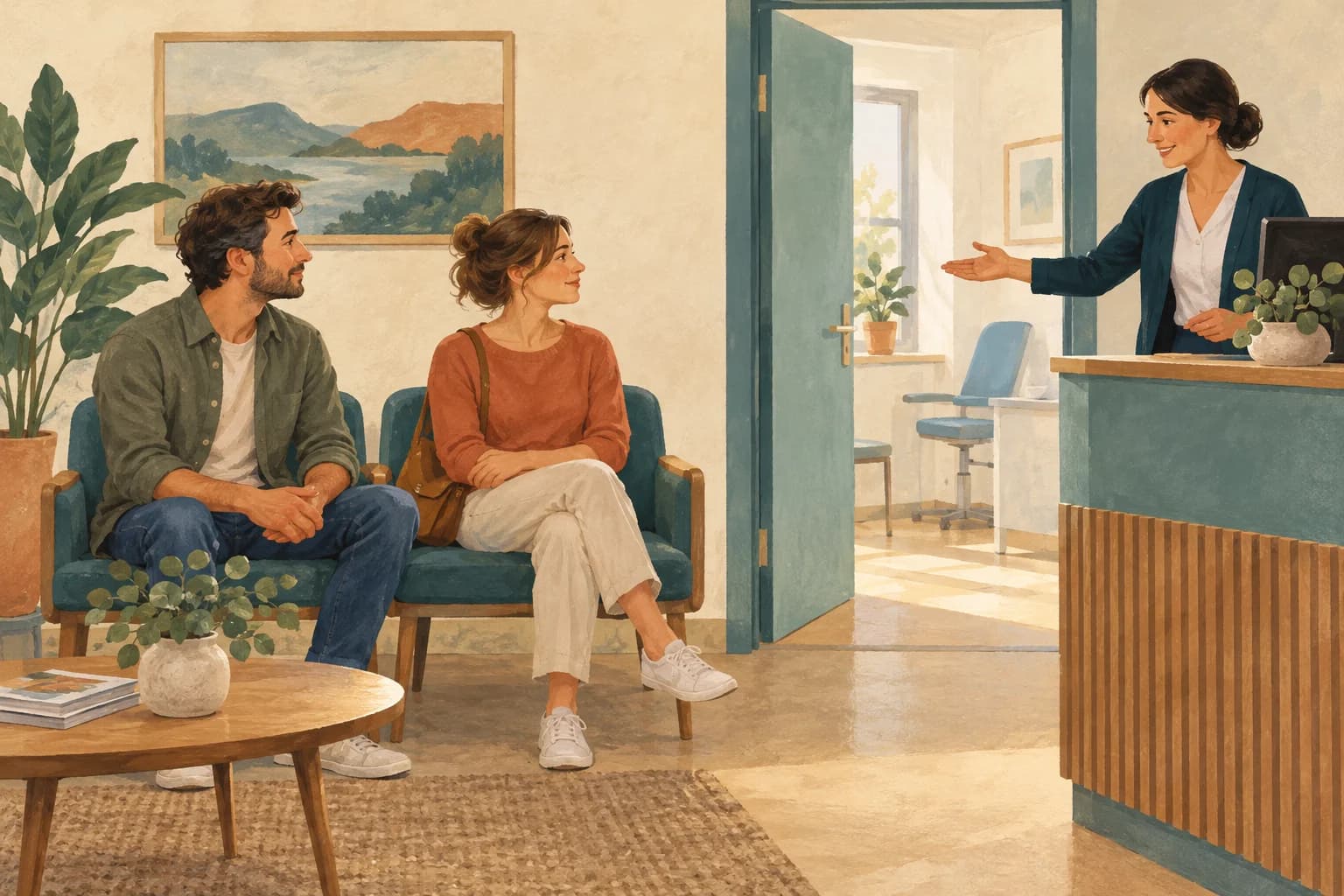 Two adults sit in a calm waiting room while a receptionist gestures toward an open door.