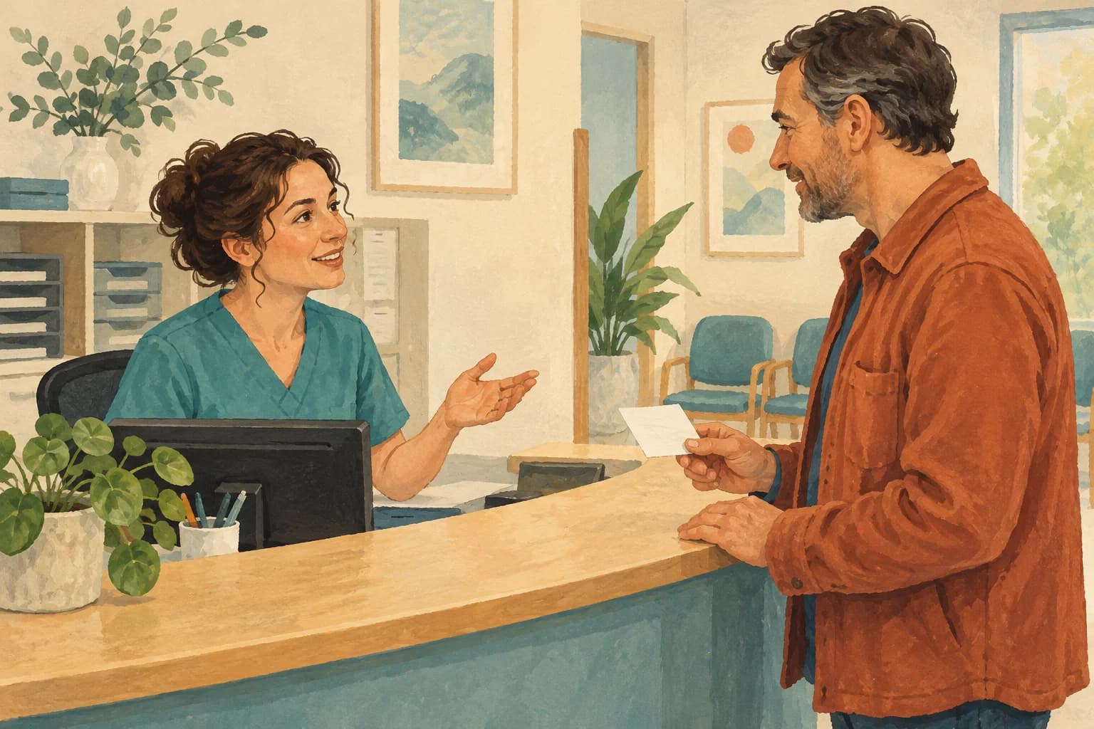 A receptionist speaks with an adult patient holding an appointment card without visible writing.
