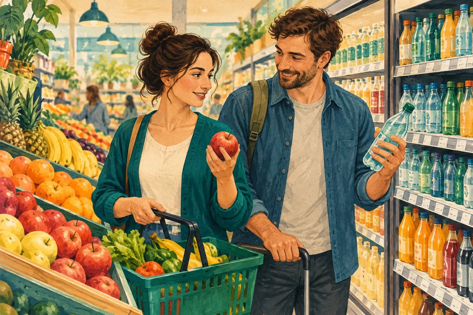 Two adults choose fruit and bottled drinks beside supermarket shelves.