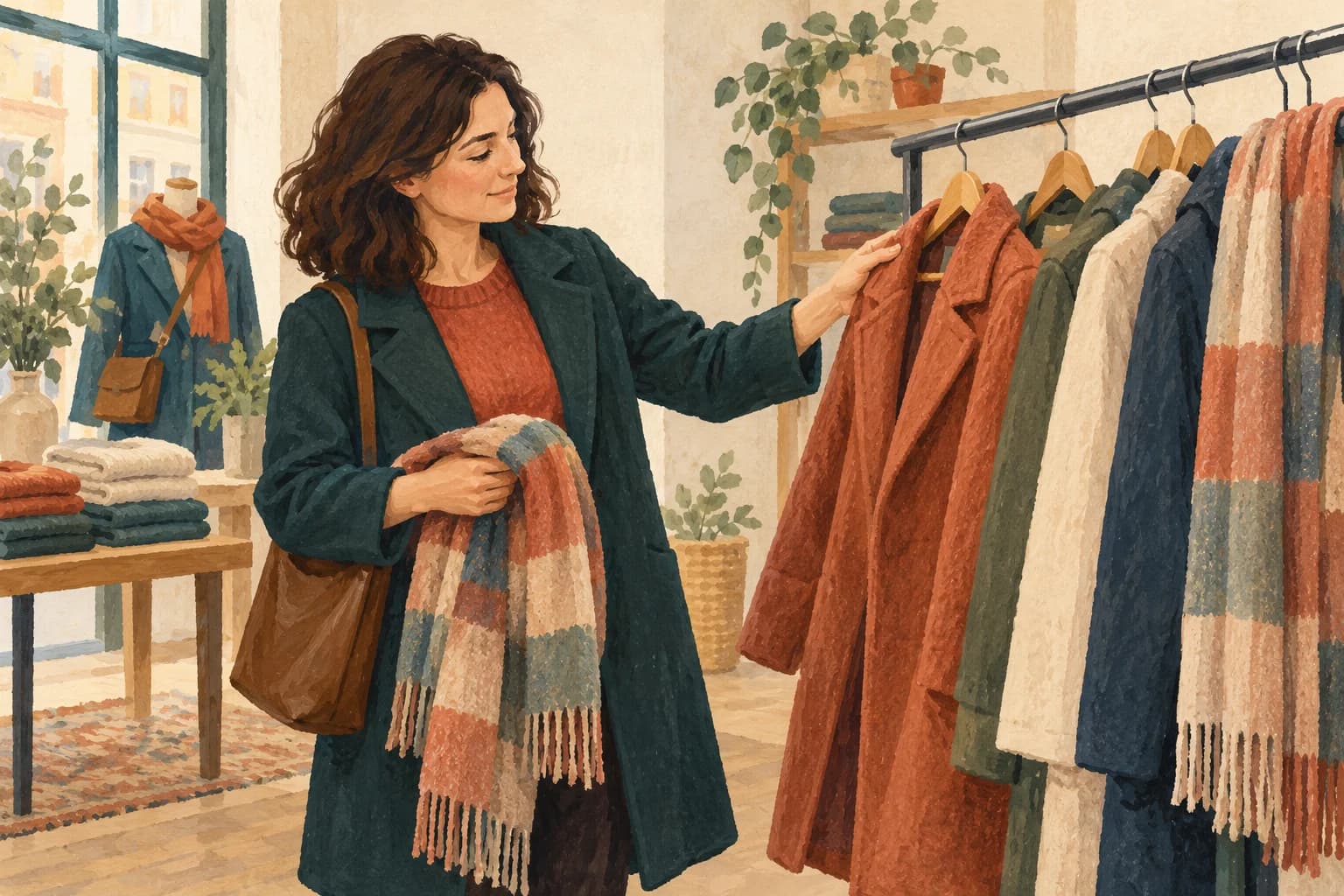 An adult chooses a coat and scarf from a simple clothes rail in a shop.