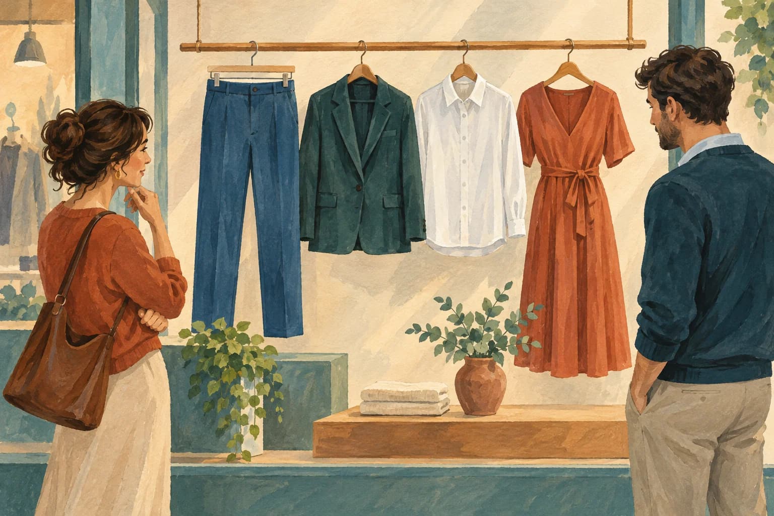 A shop display has a blue pair of trousers, a jacket, a shirt and a dress on separate hangers.