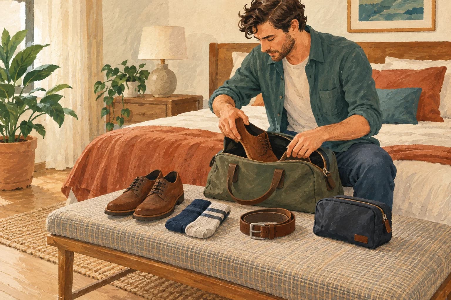 A person packs shoes, socks, a belt and a small bag on a bedroom bench.