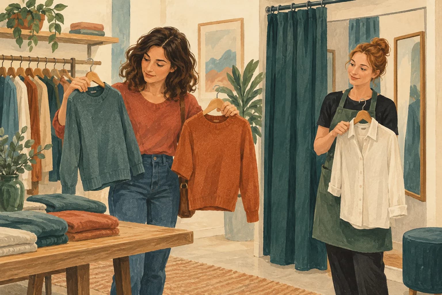 A customer compares two jumpers while a shop assistant holds a shirt beside a fitting room.