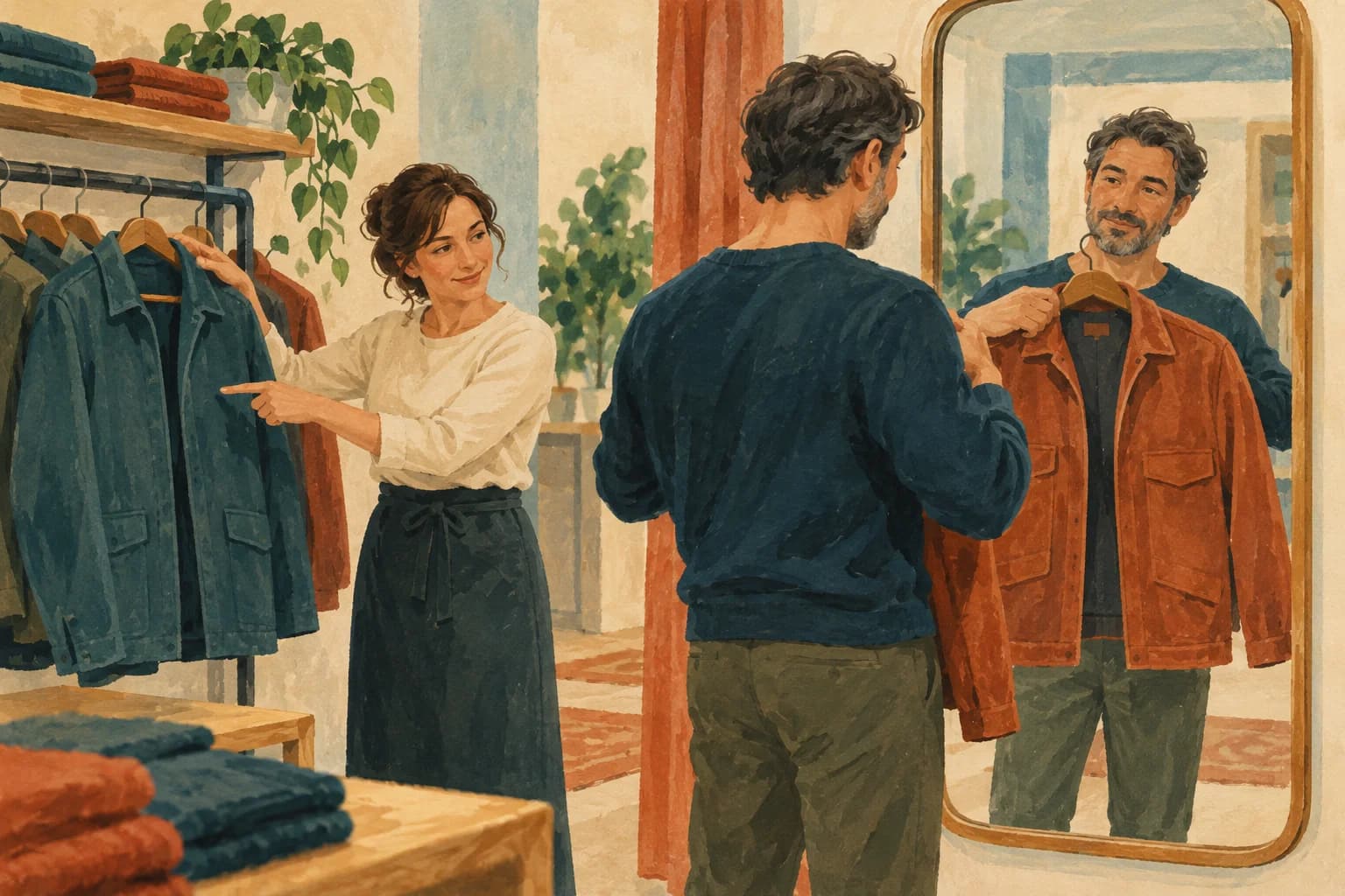 An adult holds a jacket up to a mirror while an assistant points to a different size.