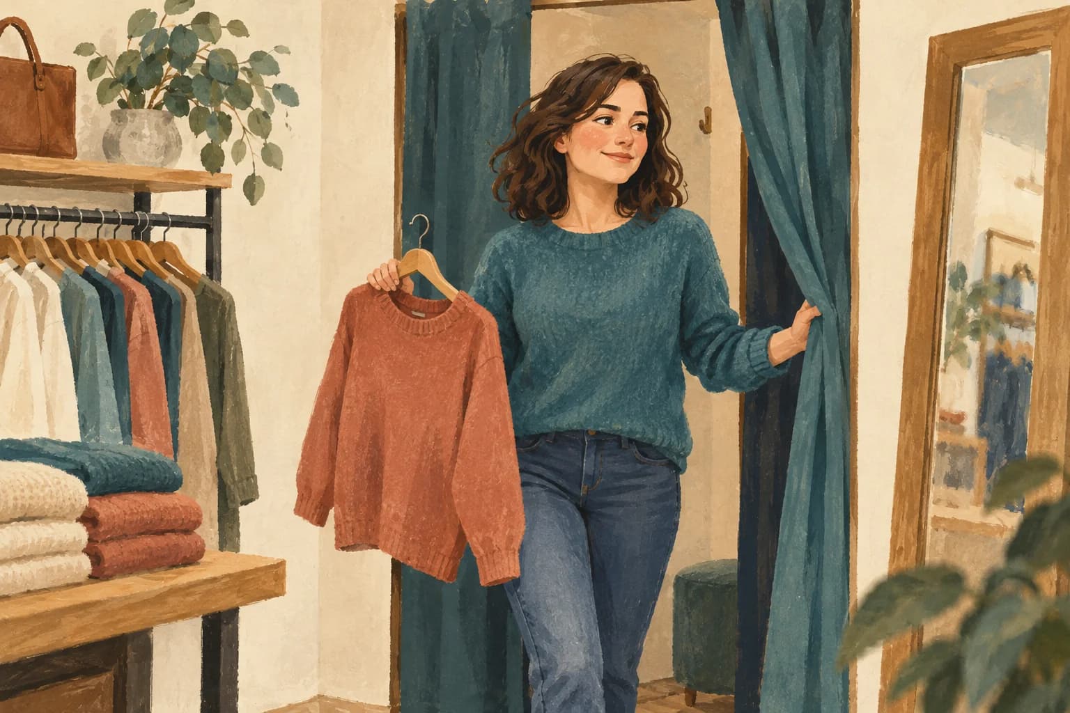 A customer emerges from a fitting room wearing a jumper and holding another on a hanger.