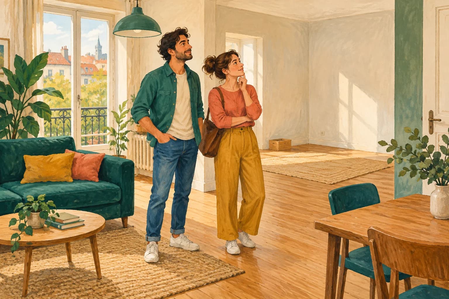Two adults look around a partly furnished flat with a sofa, table, chair and empty space for a bed.