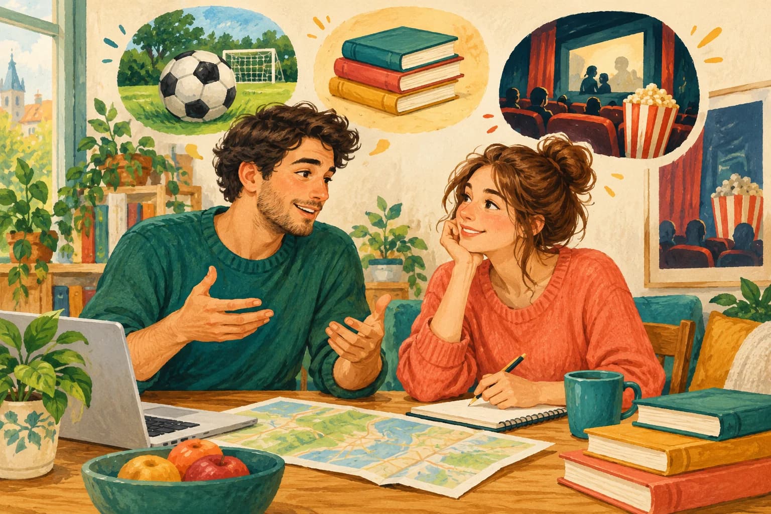 Two friends discuss a weekend plan with a football, books and a cinema poster nearby.