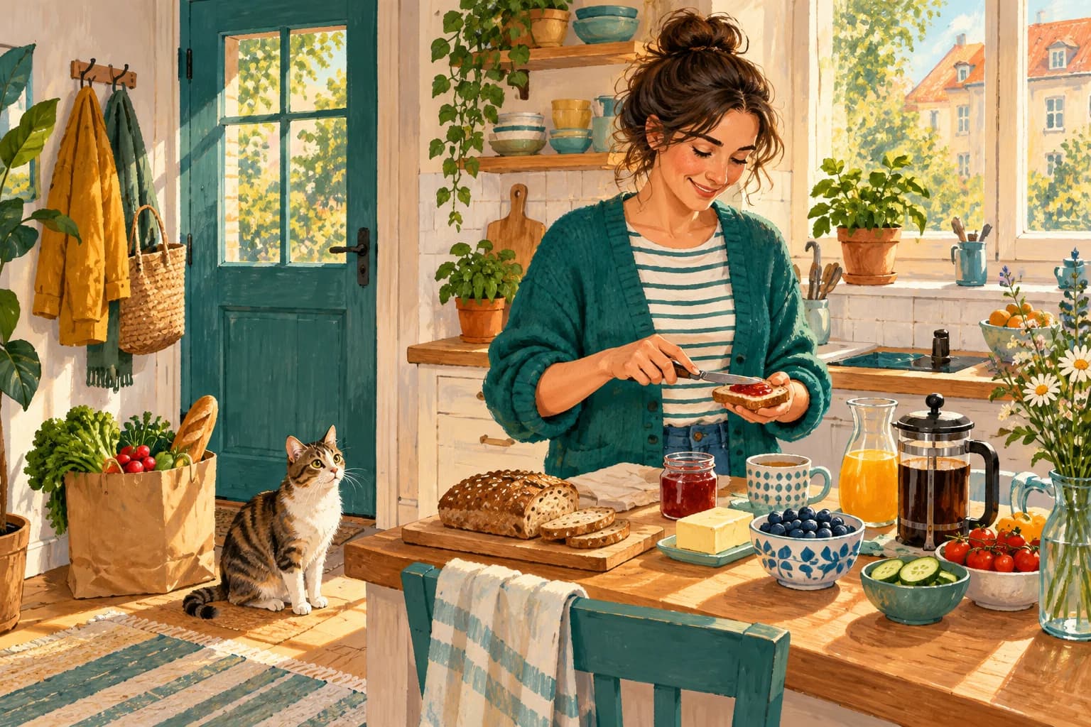 An adult prepares breakfast in a sunny kitchen with a shopping bag near the door.