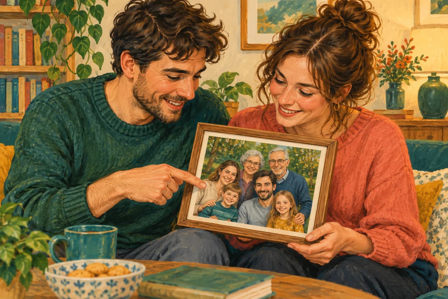 Two adult friends look at a family photograph showing parents, siblings and grandparents.