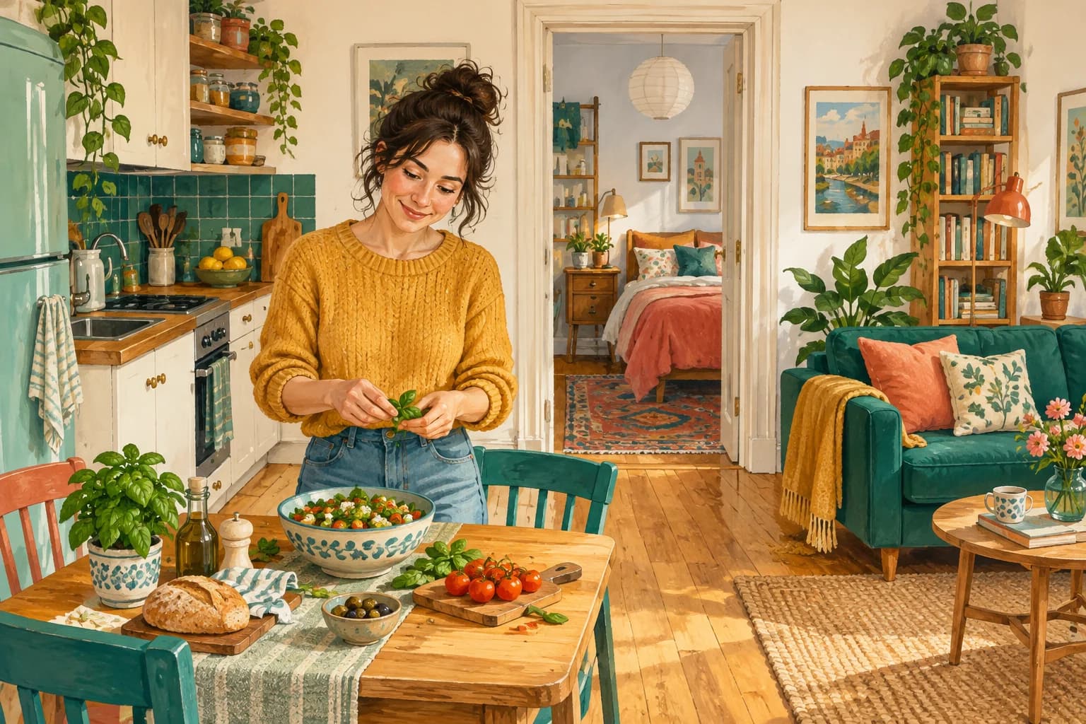 An adult stands in a small bright flat with a kitchen, bedroom doorway and living area visible.