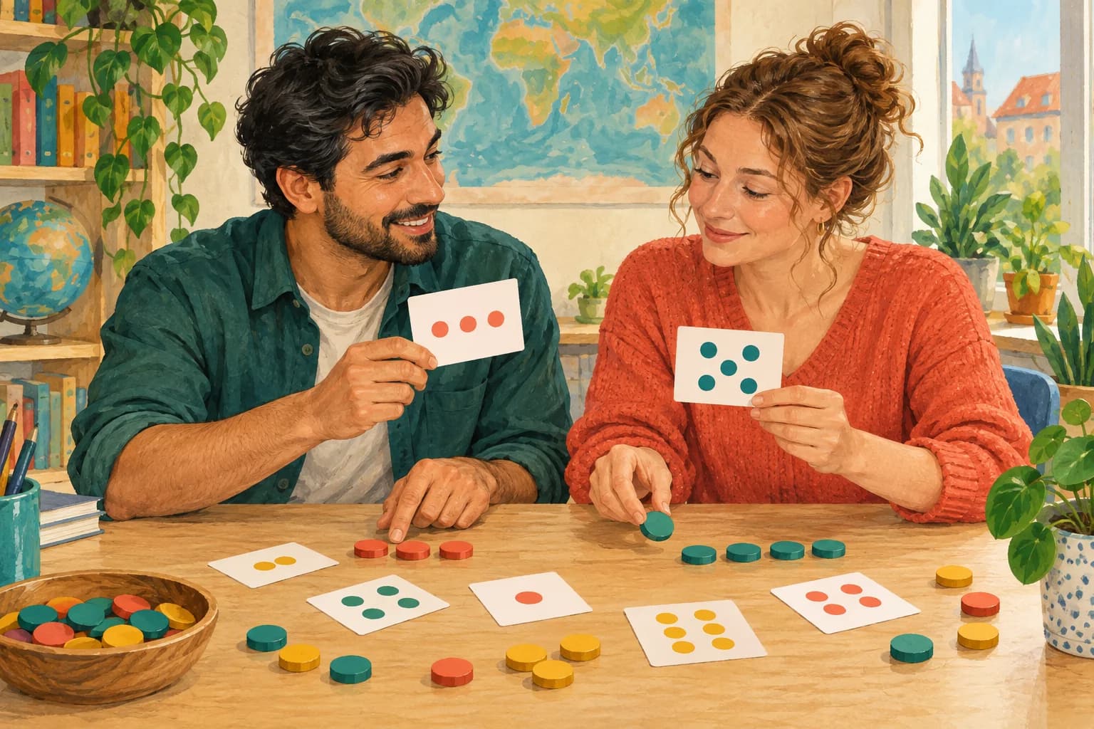 Two adult language learners compare number cards at a classroom table.