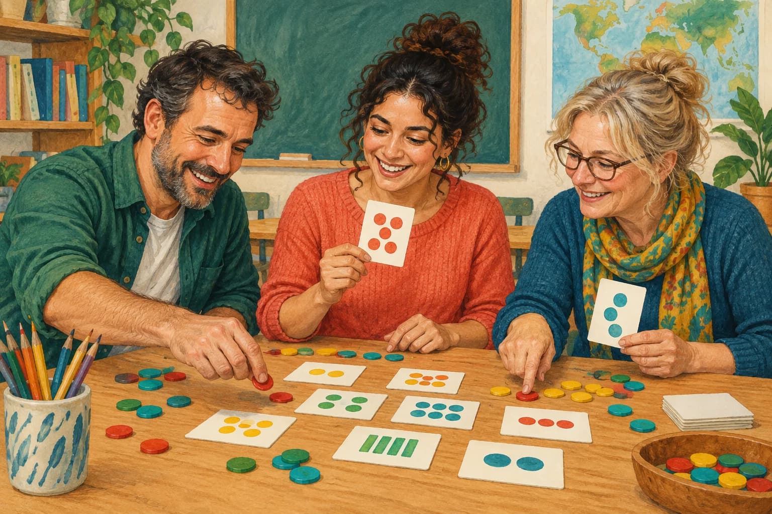Three adult learners play a counting game with small numbered cards around a table.