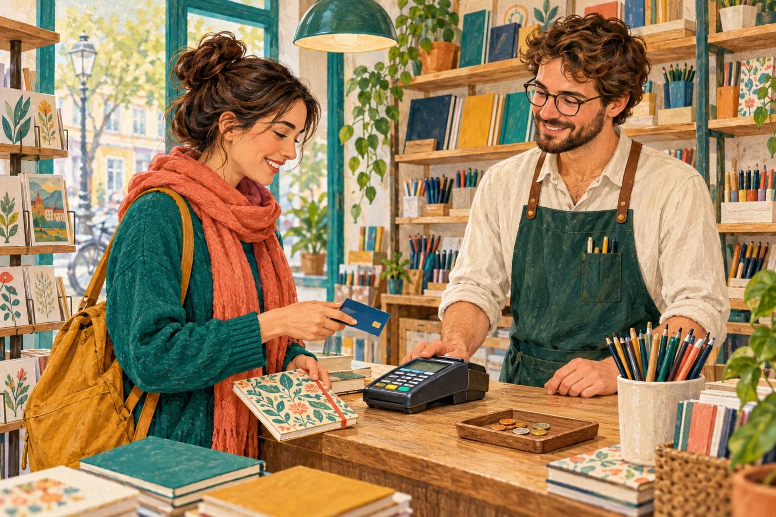A shopper pays for a notebook at a small stationery shop with coins and a bank card.