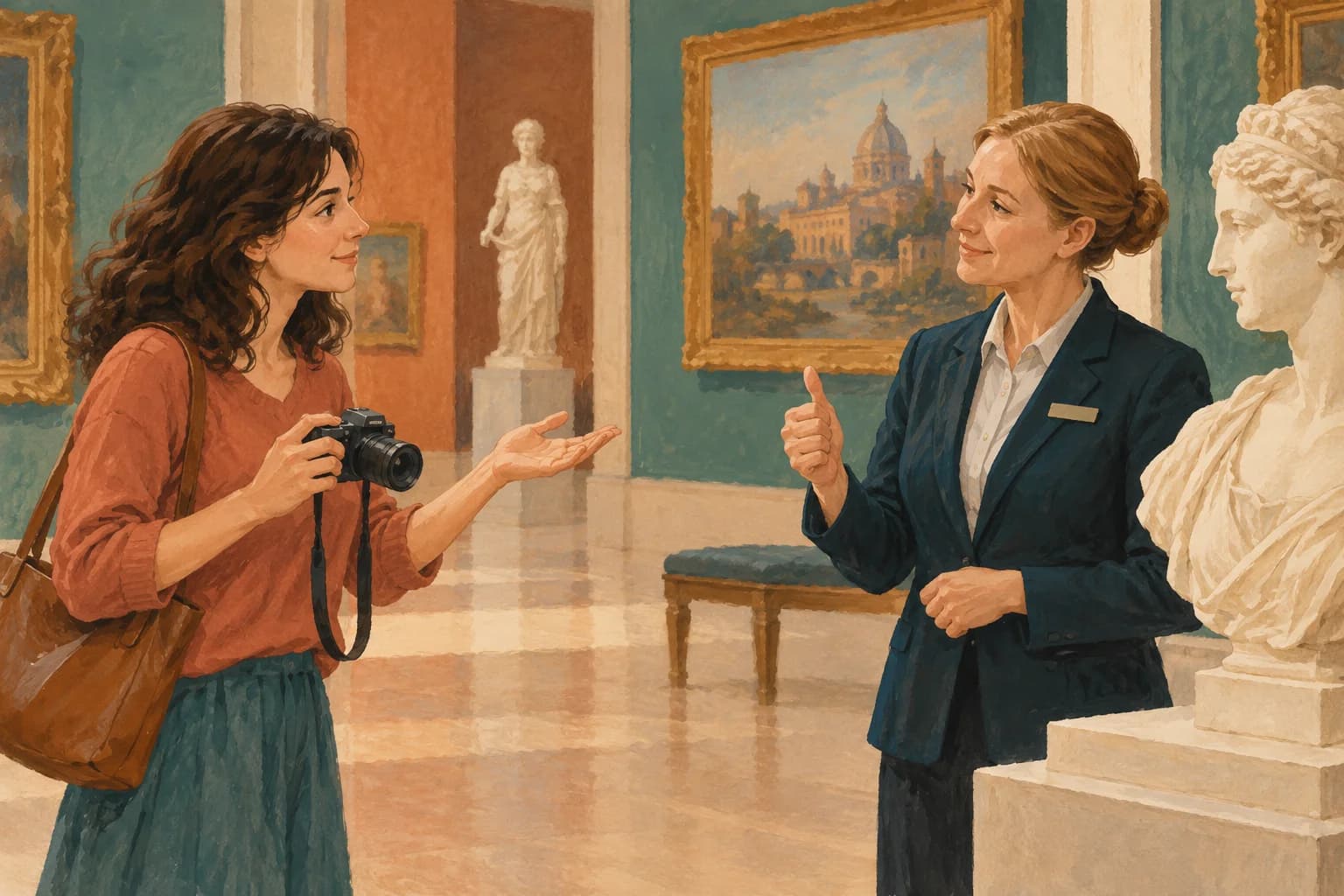 A visitor asks a museum attendant for permission to take a photograph.