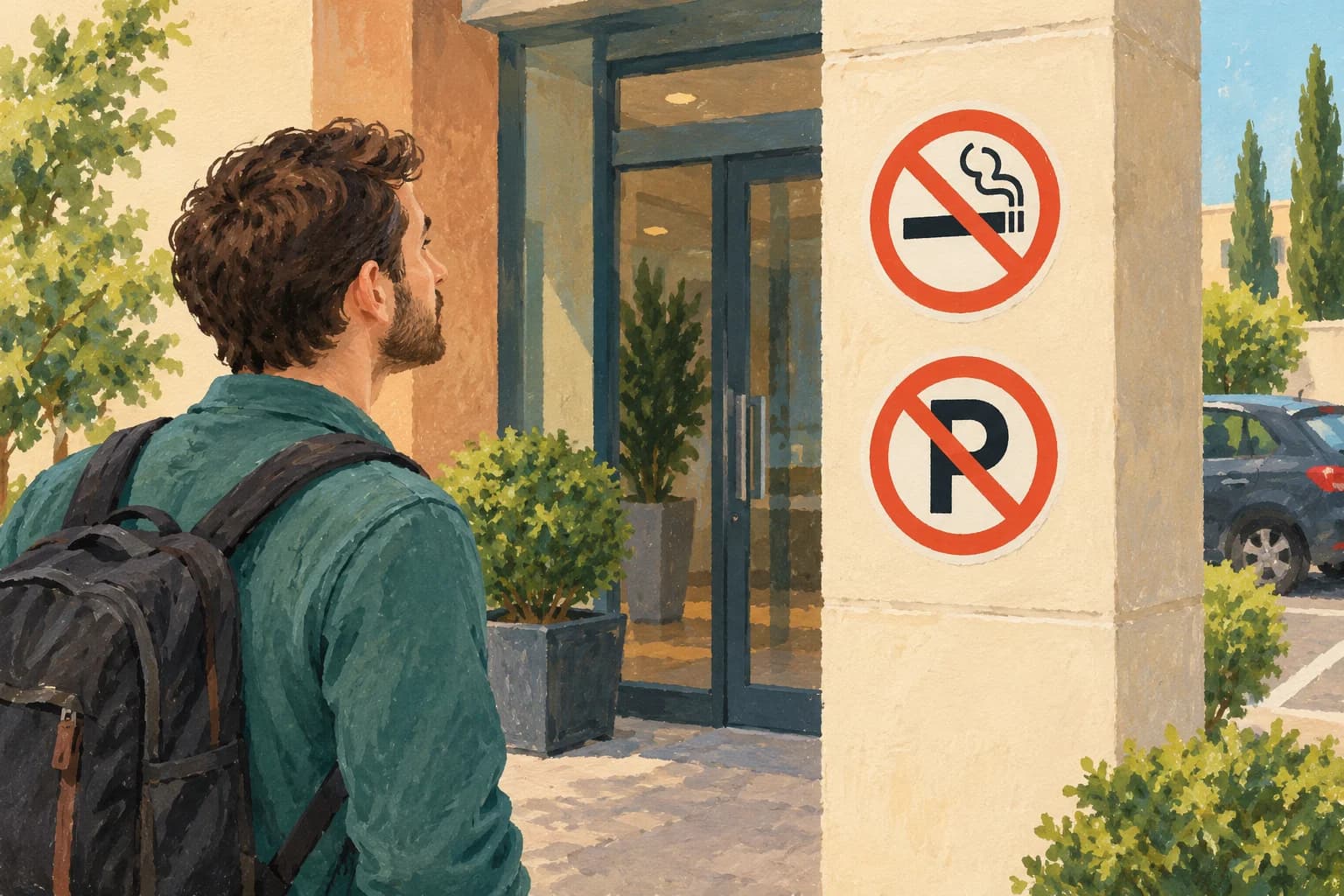 A visitor looks at simple no-smoking and no-parking pictograms outside a building.