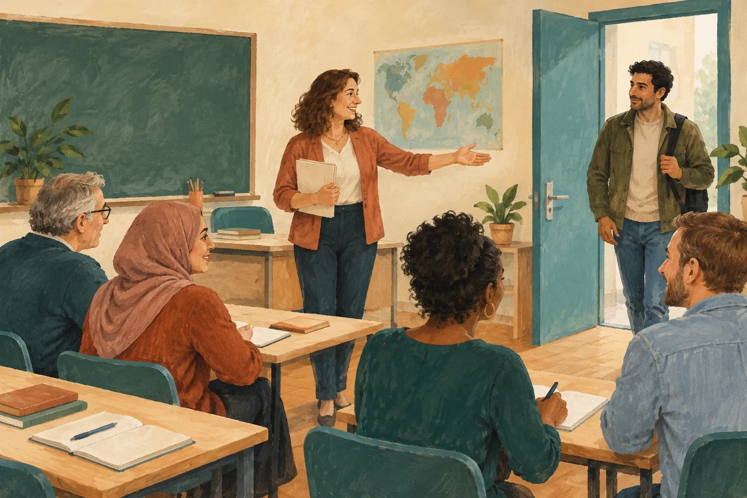 A teacher welcomes adult learners into a classroom while a visitor waits at the open door.