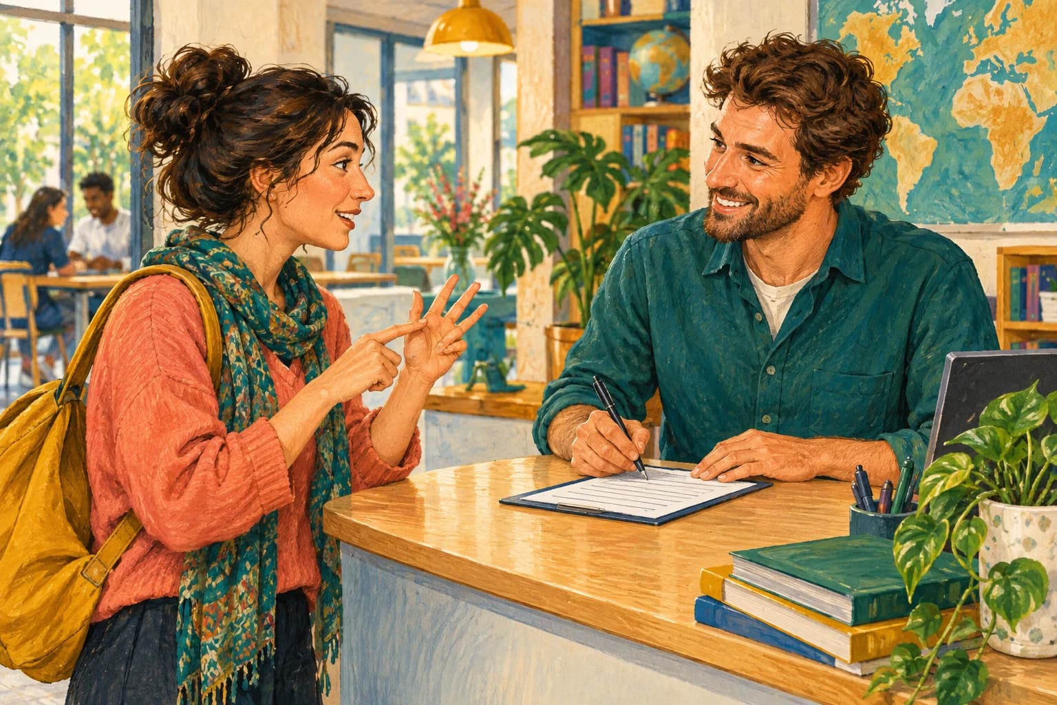 An adult learner spells a name to a receptionist who writes it on a blank form.