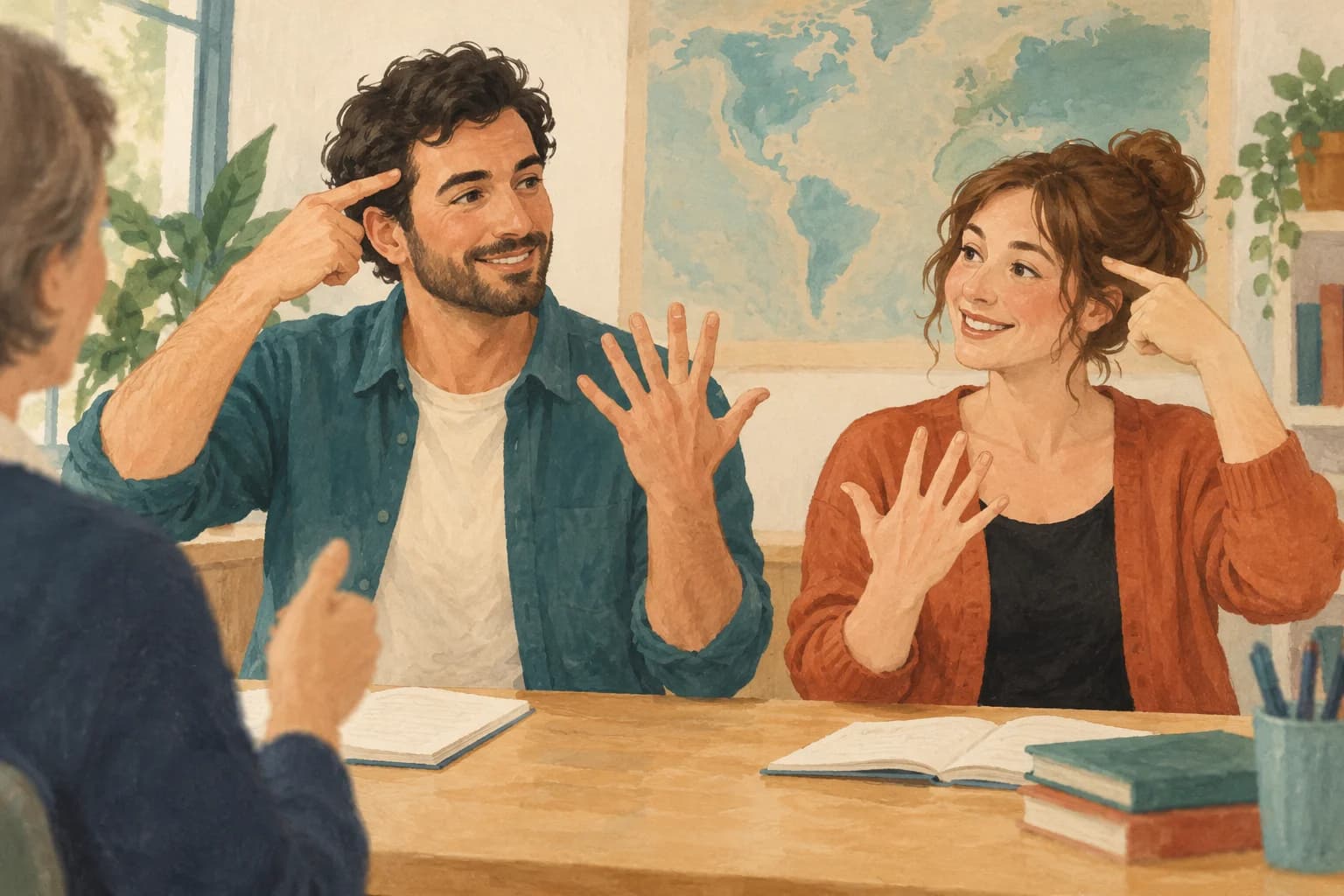 Ben and Mara point to their heads and hands during an adult language class.