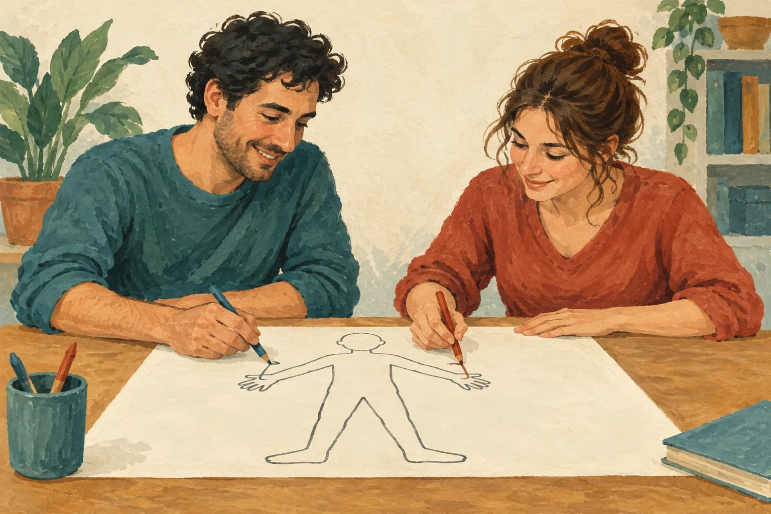 Two learners draw a simple human figure together on a large sheet of paper.