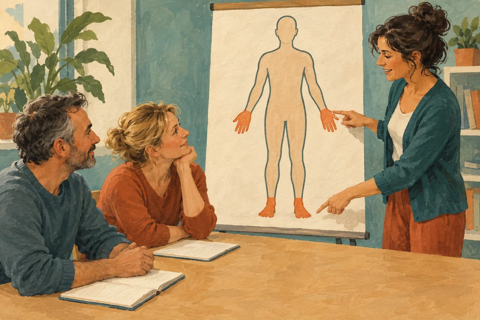 A teacher points to the hands and feet on a body drawing made by two adult students.