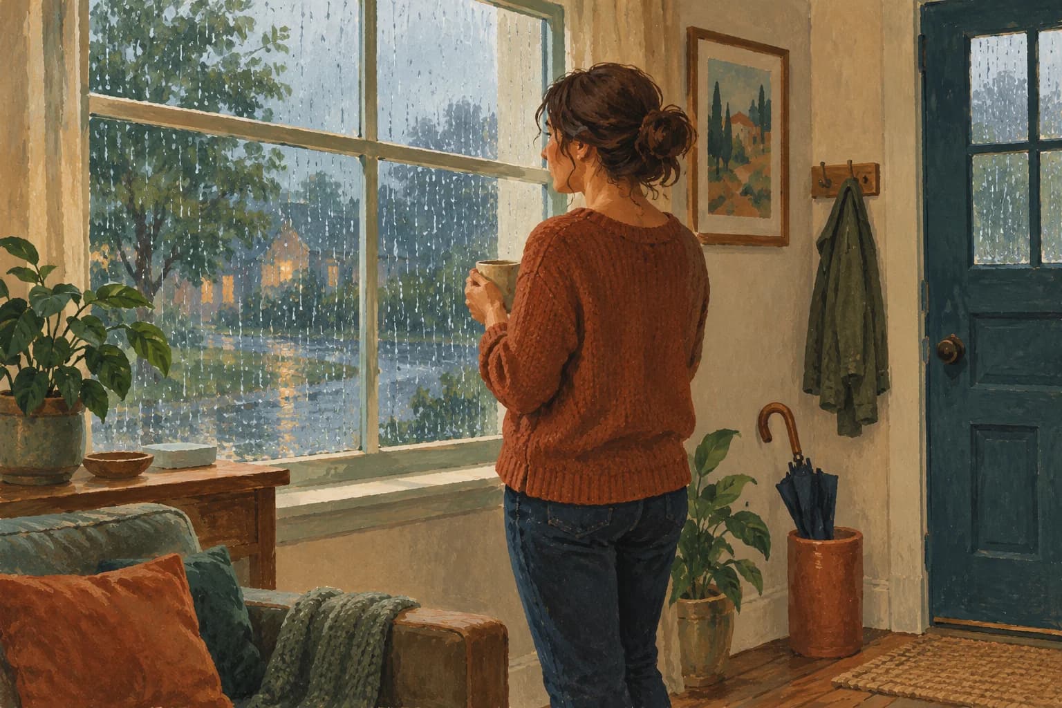 An adult watches rain fall outside a window, with an umbrella beside the door.