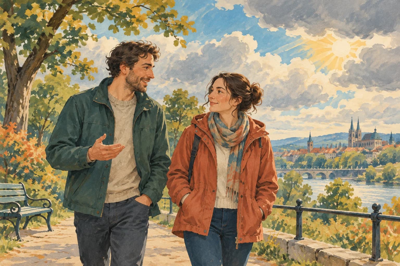 Two adults in a park wear light jackets as clouds move across a partly sunny sky.