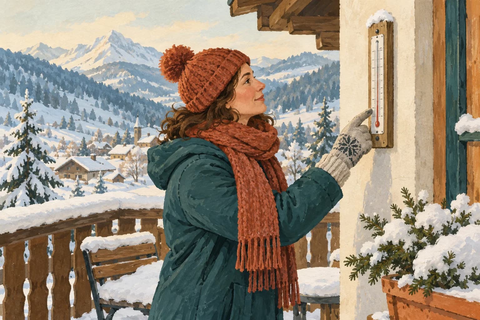 A learner checks an outdoor thermometer near a snow-covered balcony and a scarf.
