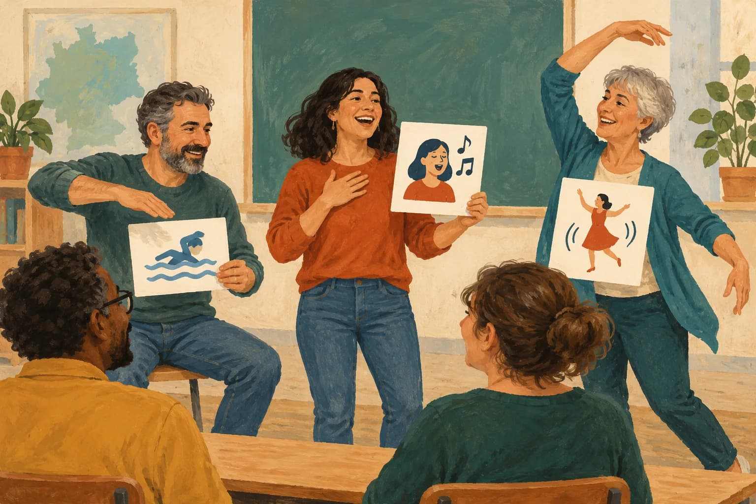 Adult learners demonstrate swimming, singing and dancing through simple gesture cards in a classroom.