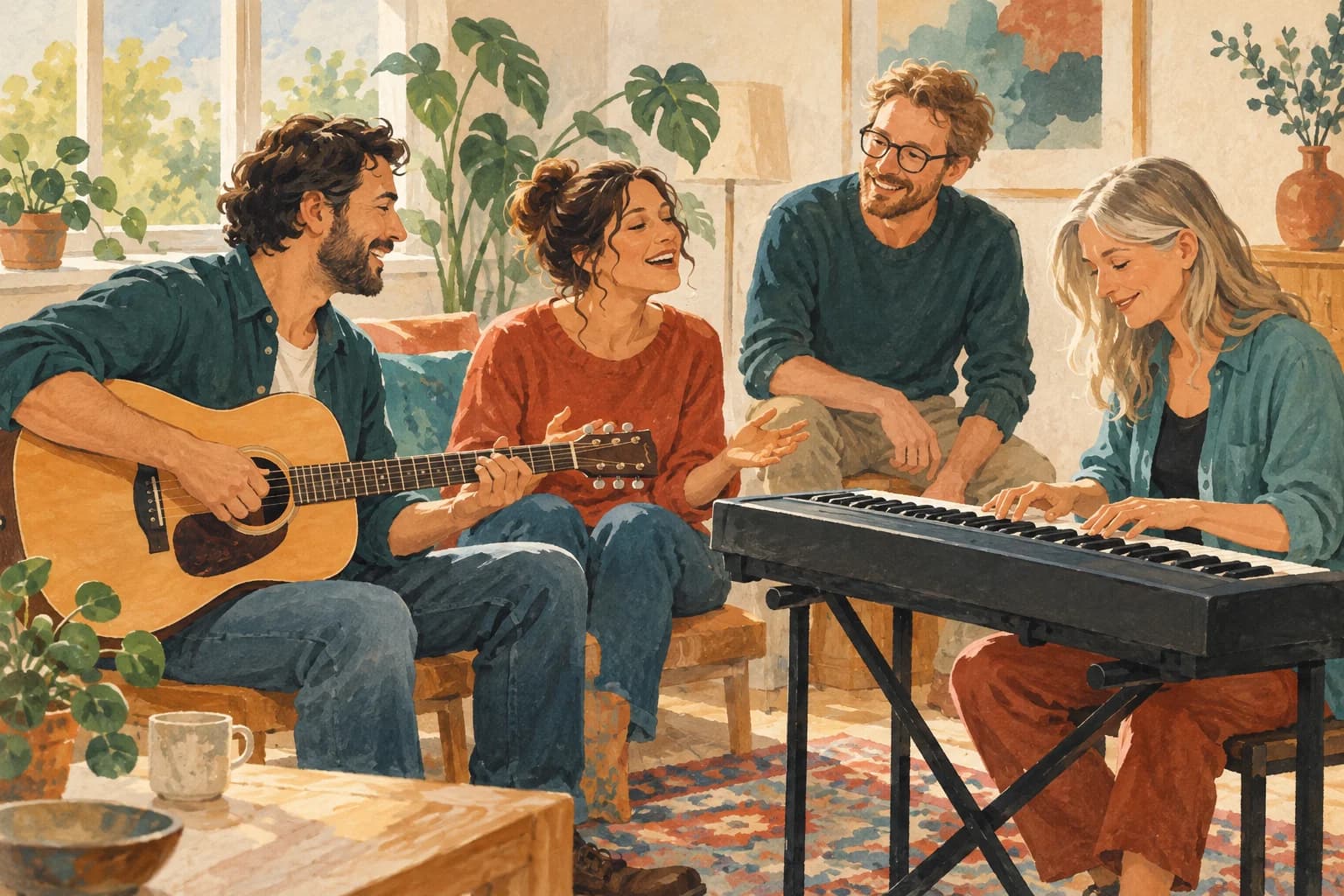 A small group of adult friends practise with a guitar and a keyboard in a bright room.