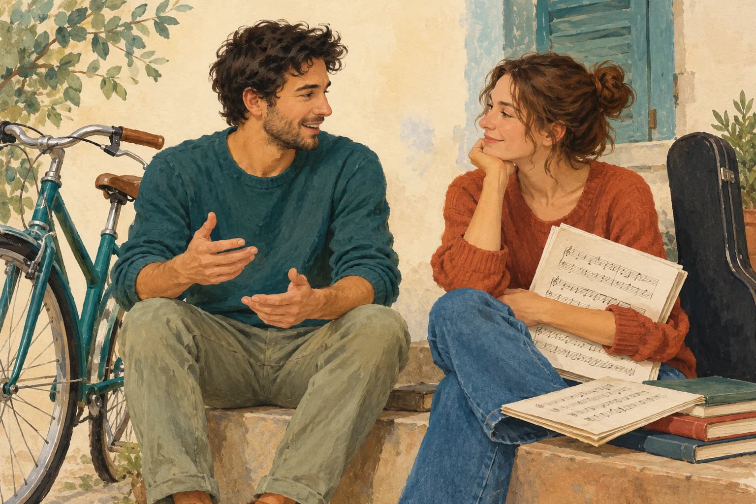 Two classmates discuss their skills beside a bicycle and music books.