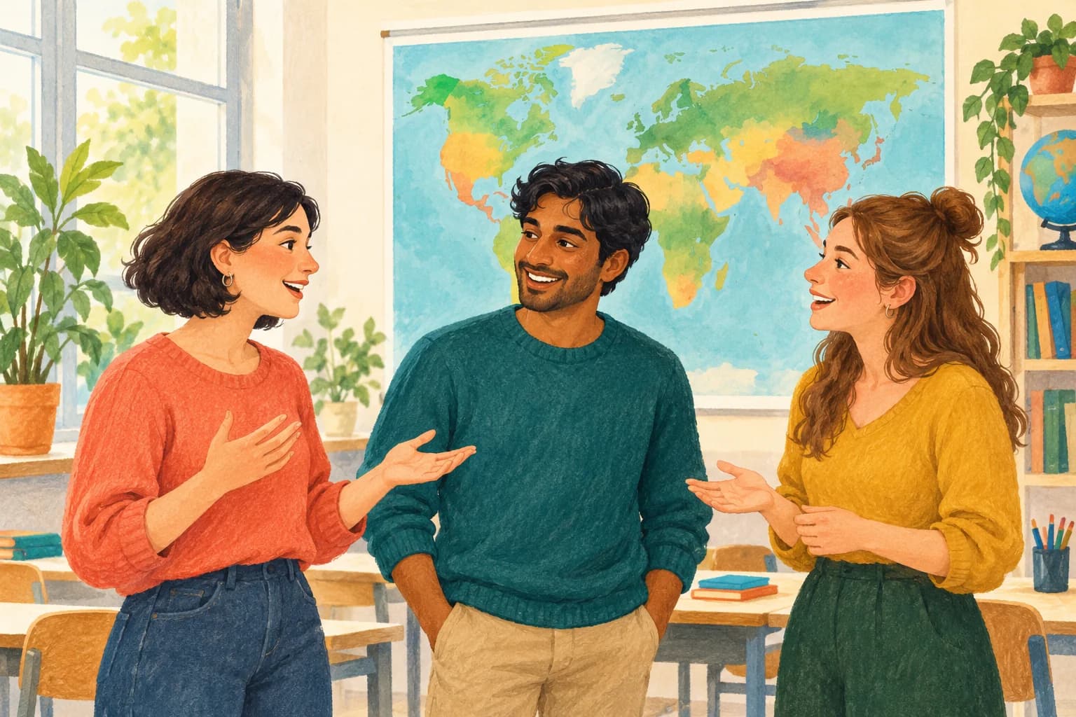 Three classmates introduce themselves beside a world map in a language classroom.