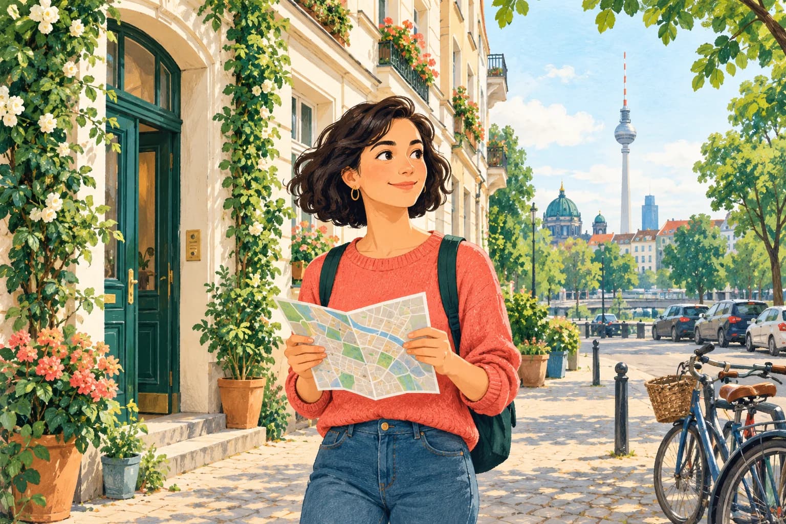 A learner stands outside an apartment building on a Berlin street, with a city map in hand.