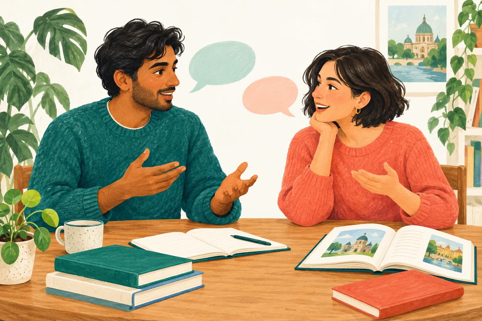 Two classmates practise speaking together at a table with language-learning books.