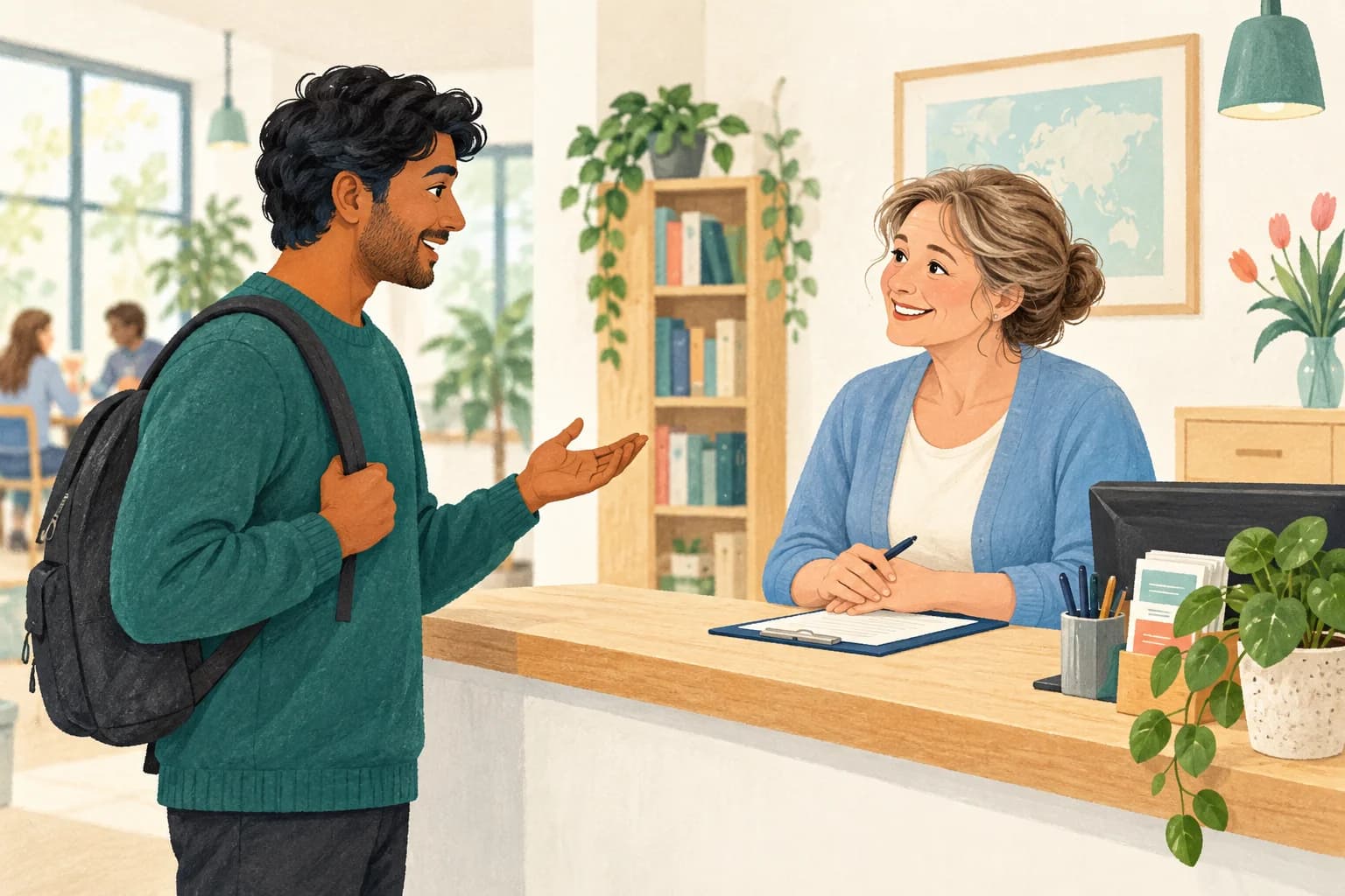 A receptionist and a new learner have a friendly conversation at a language school's reception desk.