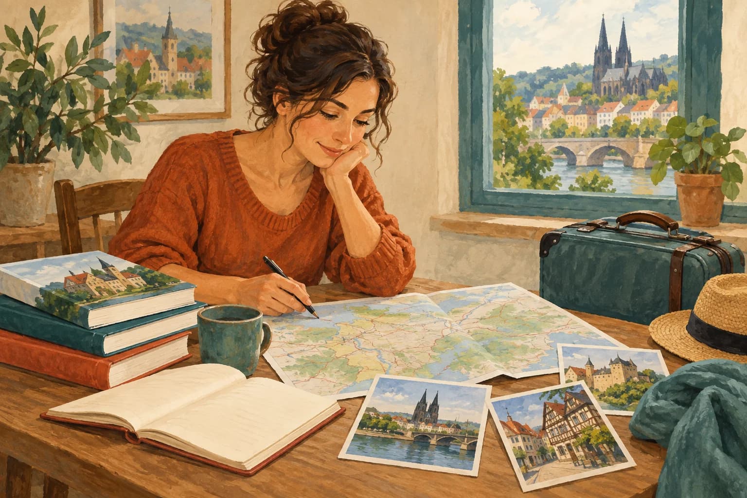An adult plans a trip beside language books, a map and a small suitcase.
