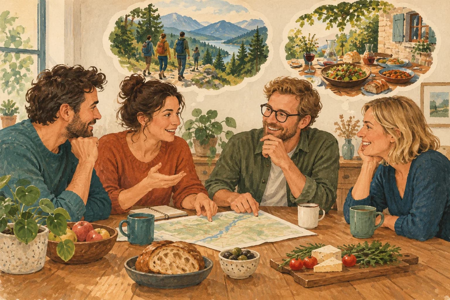 Friends sit around a table discussing a weekend walk and a shared meal.
