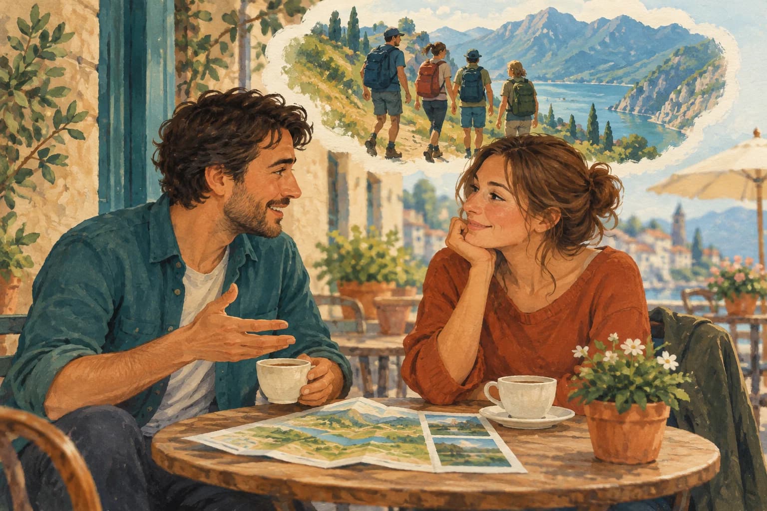 Two friends talk about joining an outing while sitting at a café table.
