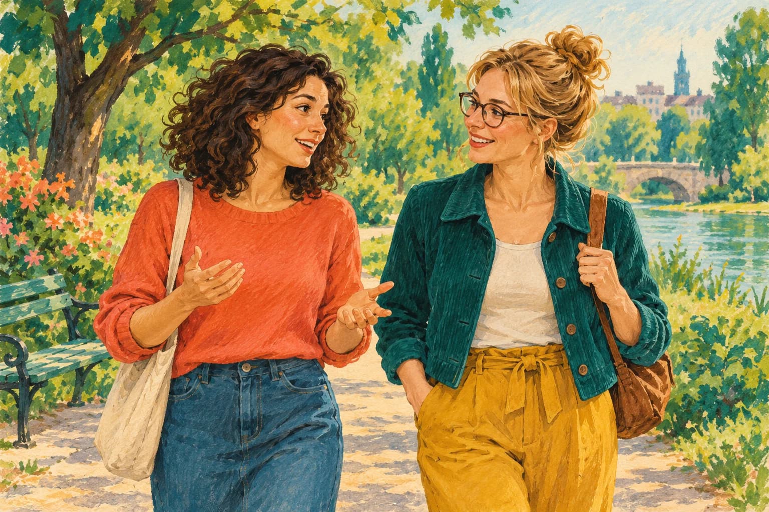 Two adult friends with different hairstyles and clothing meet in a park; one wears glasses and a short jacket.