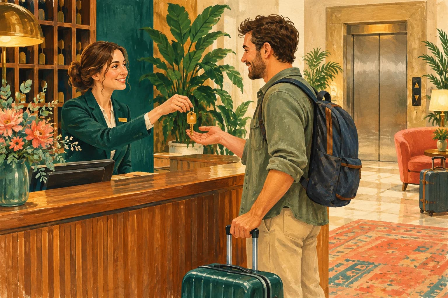 Gouache illustration of a receptionist handing a key to an adult guest across a wooden hotel desk, with a lift and luggage in the background.