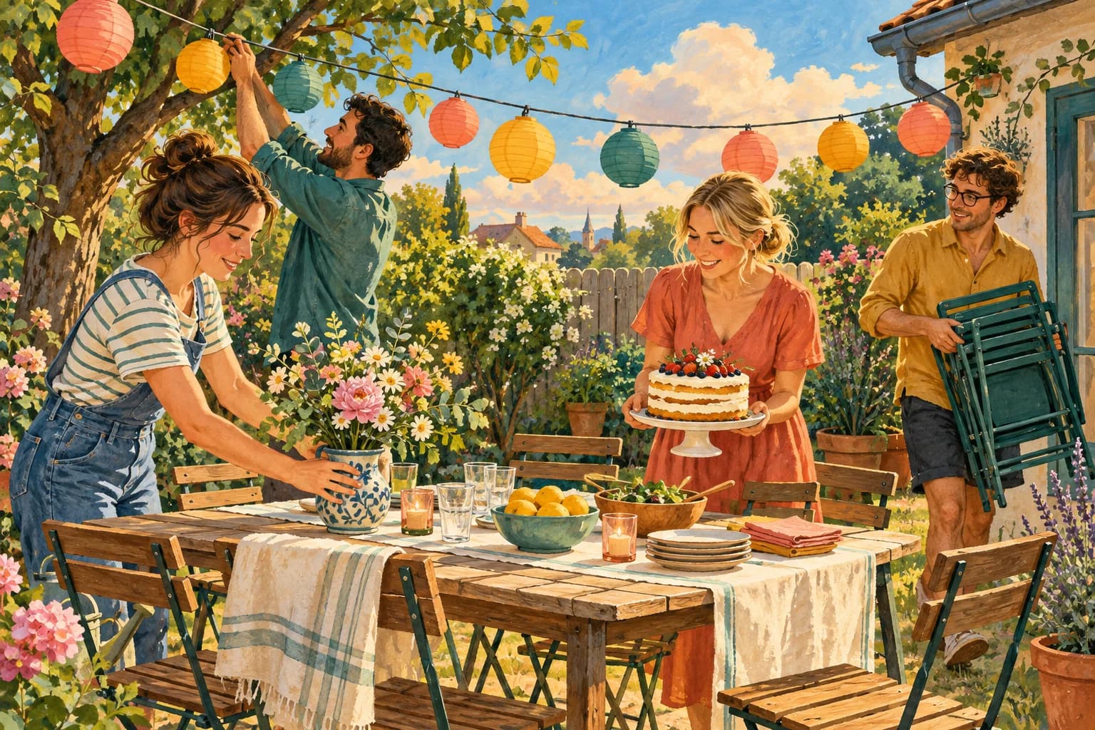 Gouache illustration of friends preparing a garden party with paper lanterns, a cake, folded chairs and a table, with clouds visible over the fence.