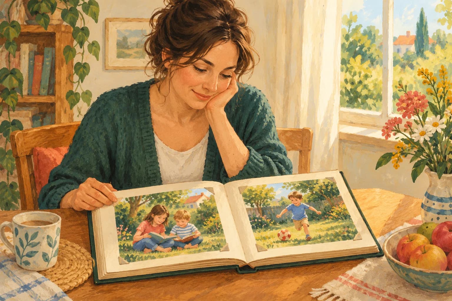 An adult looks through a childhood photo album showing two children reading and playing in a garden.