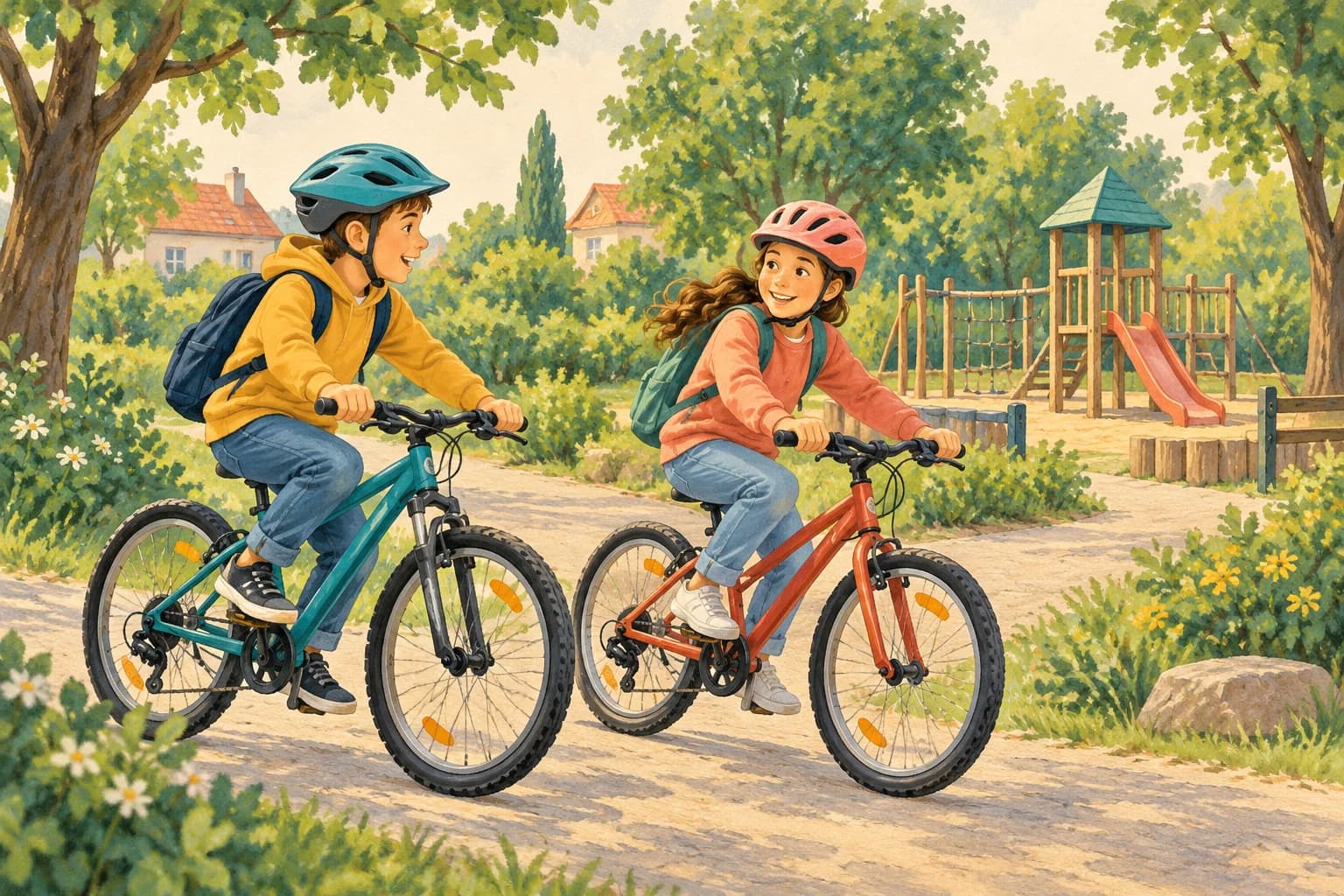 Two children cycle with helmets along a quiet path toward a neighborhood playground.