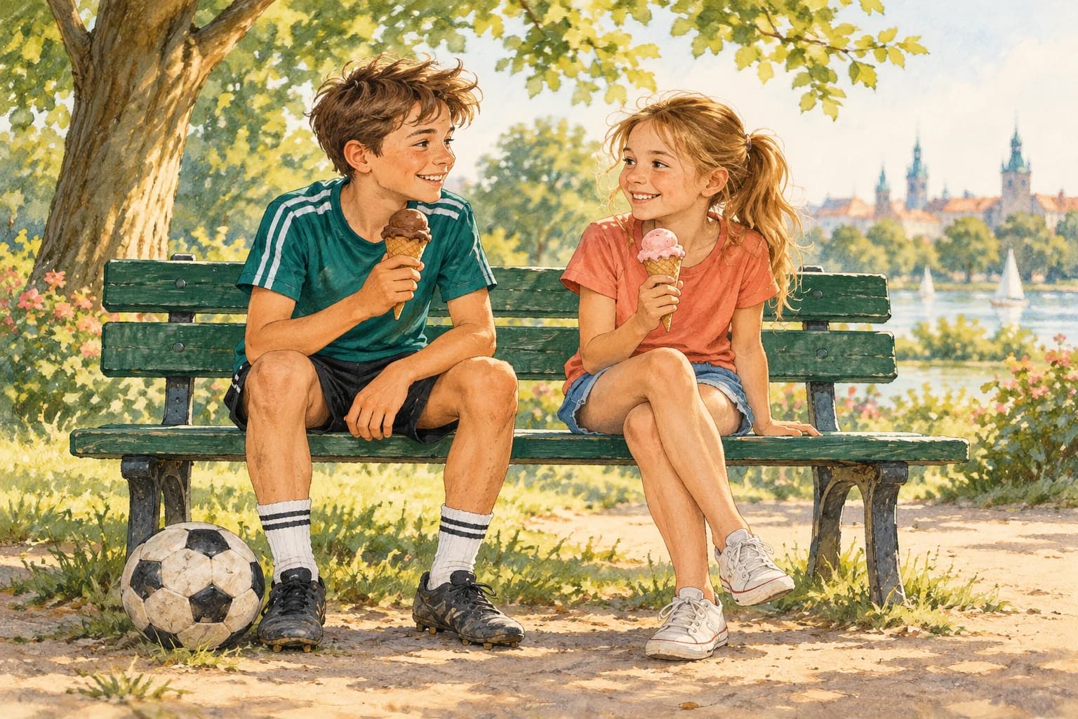 Two siblings share ice cream on a park bench with a football at their feet.