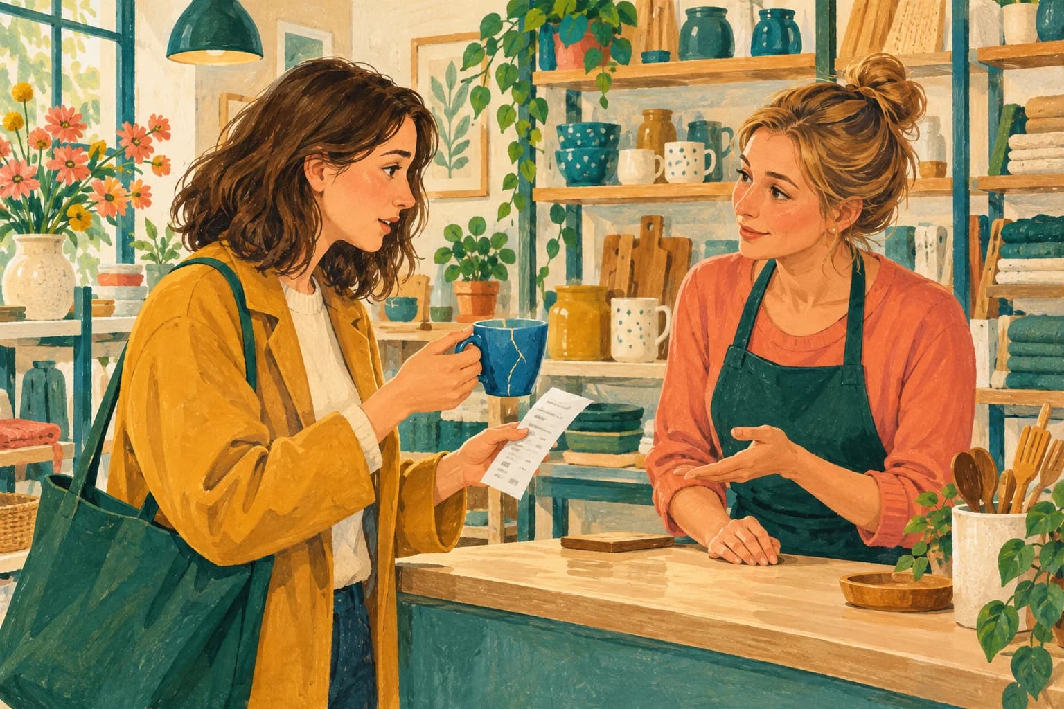 Gouache illustration of a customer showing a cracked blue cup and a receipt to a shop assistant at a small homeware counter.