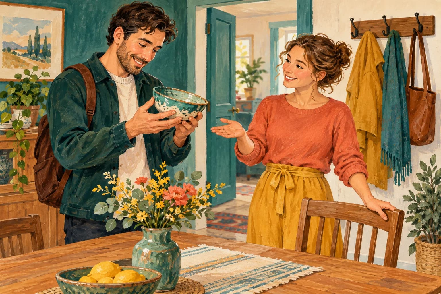 Gouache illustration of an adult guest admiring a handmade bowl while a host welcomes the guest beside a table and a coat rack.