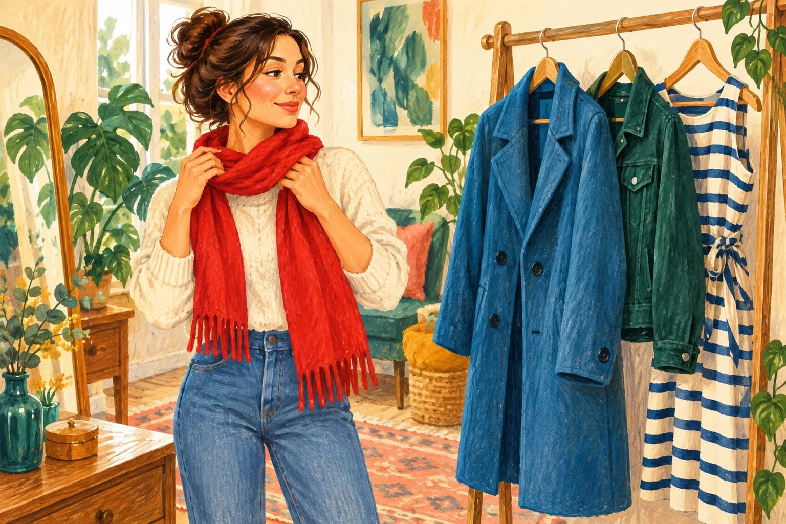 Gouache illustration of an adult trying a red scarf beside a blue coat, a green jacket and a striped dress on a wooden clothes rail.