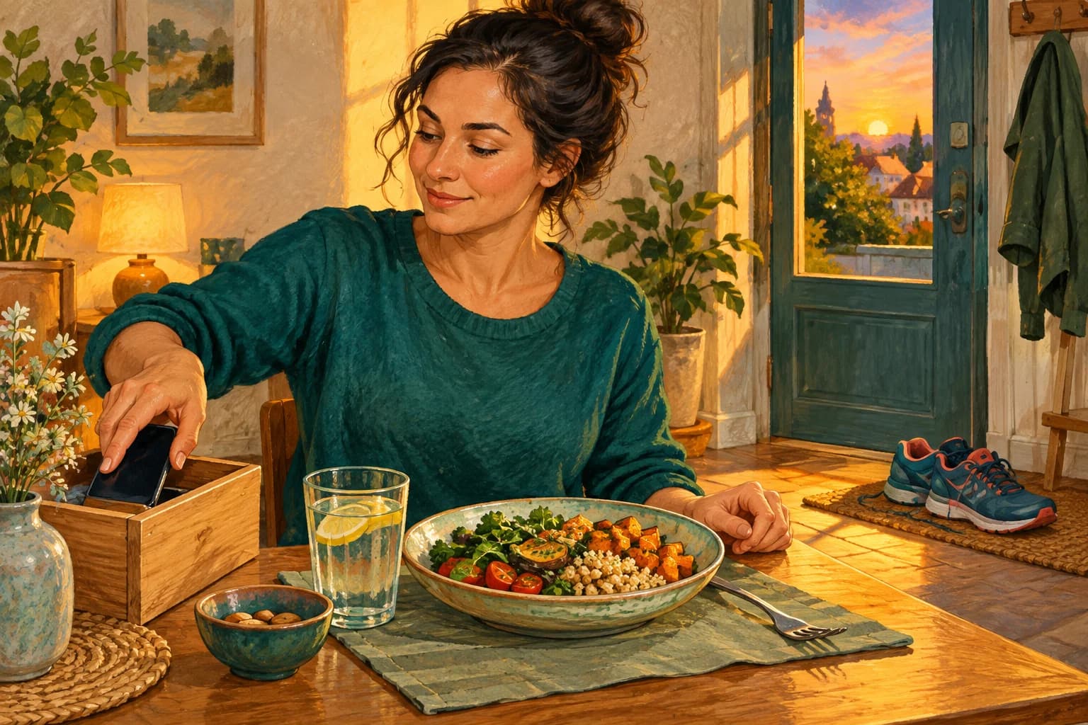 An adult puts away a phone beside a meal, with walking shoes near the doorway in the evening.
