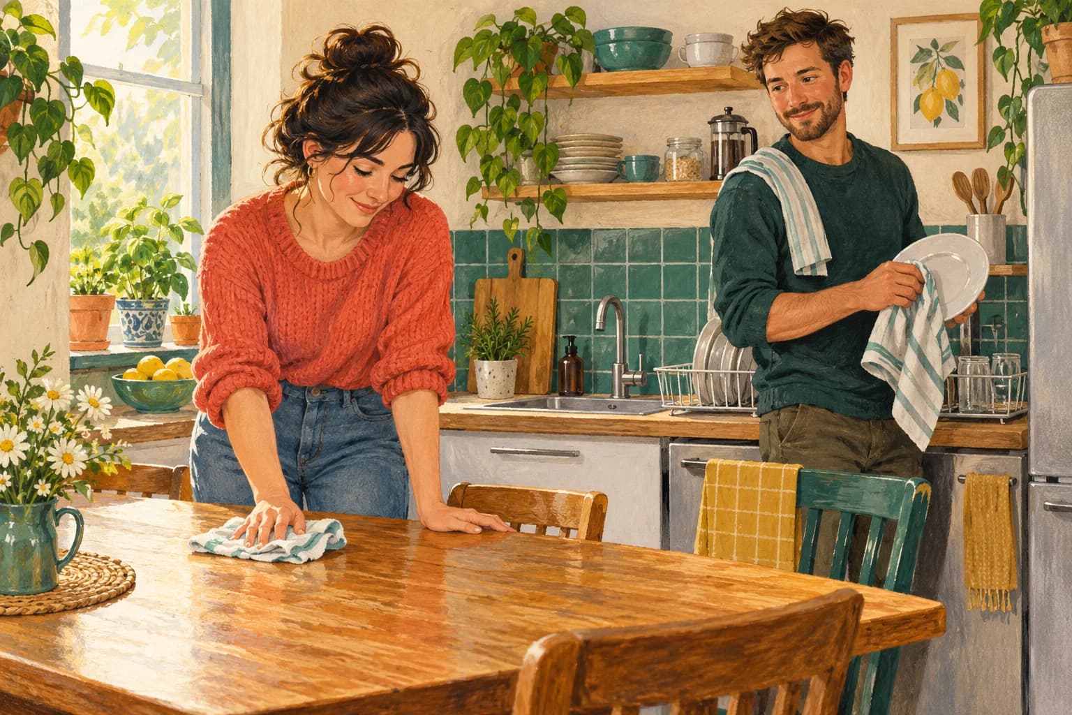 Two flatmates clean a kitchen together, one using a cloth and the other explaining a cleaning schedule.